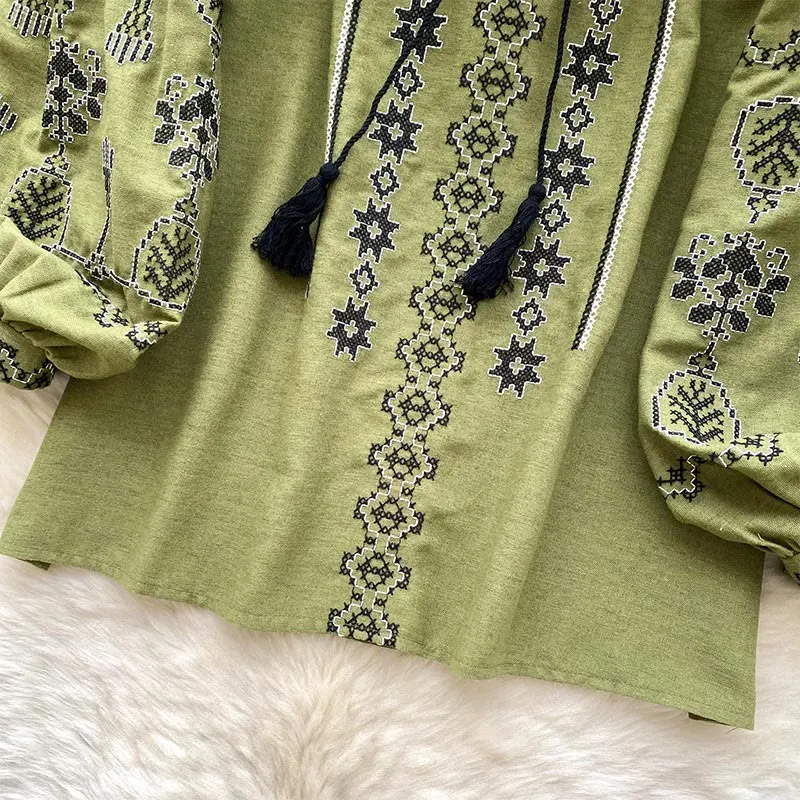Olivenorma Boho Style Demokratische Stickerei Damen Shirt