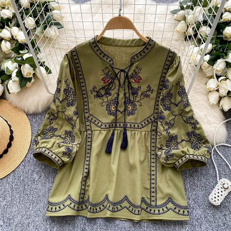 Olivenorma Boho Holiday Stickerei Laternenärmel Damenhemd