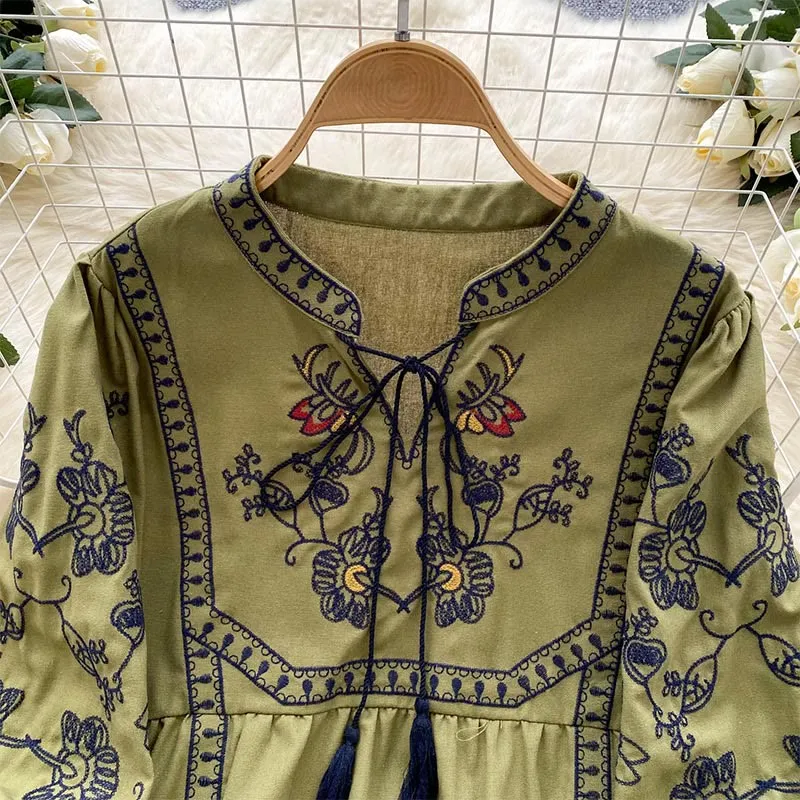 Olivenorma Boho Holiday Stickerei Laternenärmel Damenhemd