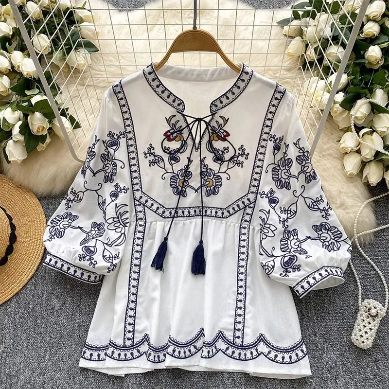 Olivenorma Boho Holiday Stickerei Laternenärmel Damenhemd