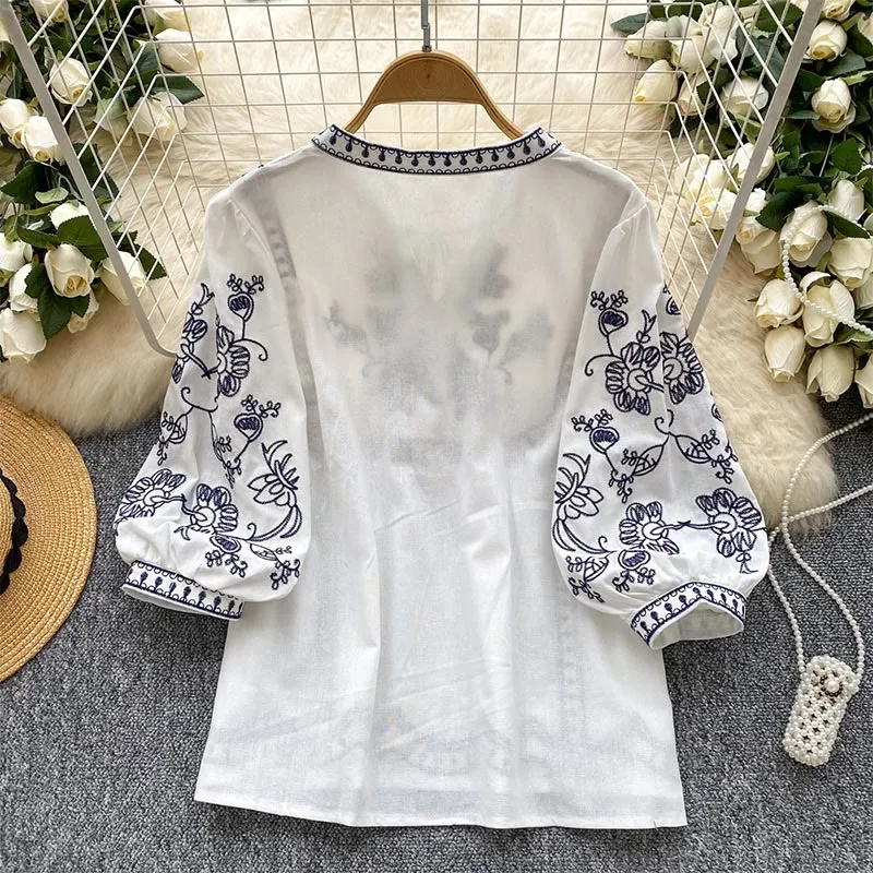 Olivenorma Boho Holiday Stickerei Laternenärmel Damenhemd