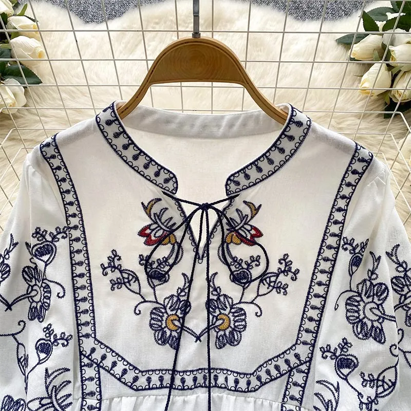Olivenorma Boho Holiday Stickerei Laternenärmel Damenhemd