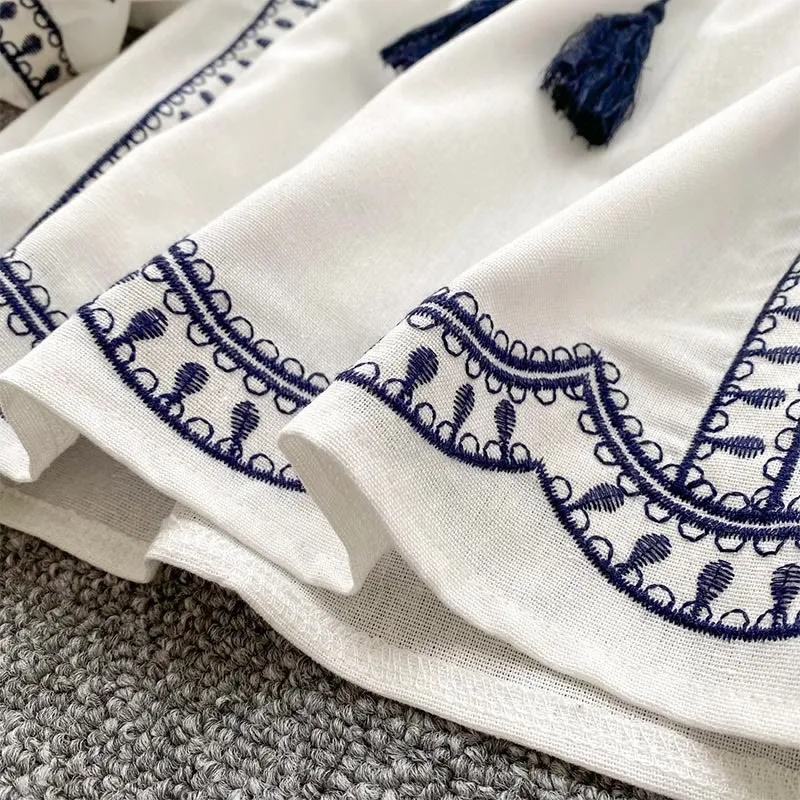 Olivenorma Boho Holiday Stickerei Laternenärmel Damenhemd
