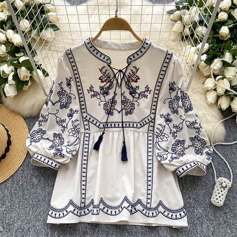 Olivenorma Boho Holiday Stickerei Laternenärmel Damenhemd