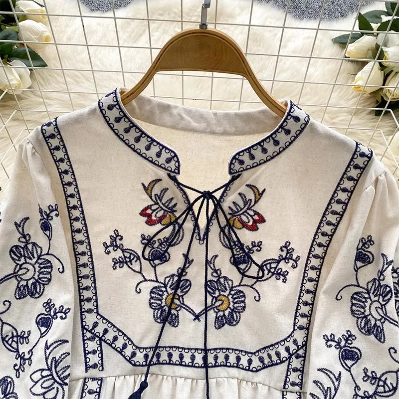 Olivenorma Boho Holiday Stickerei Laternenärmel Damenhemd