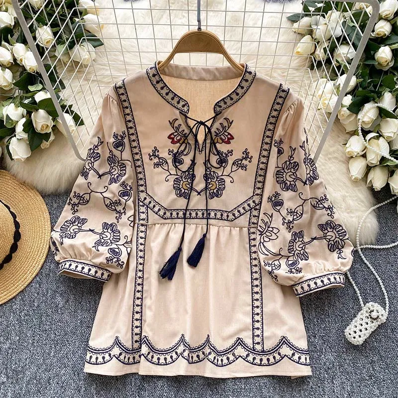 Olivenorma Boho Holiday Stickerei Laternenärmel Damenhemd