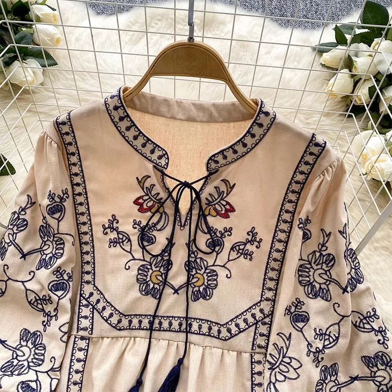Olivenorma Boho Holiday Stickerei Laternenärmel Damenhemd