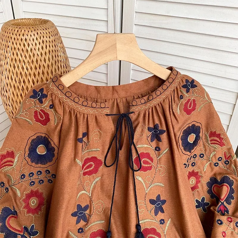 Olivenorma Süßes Retro-Stickerei-Laternenärmel-Damenhemd