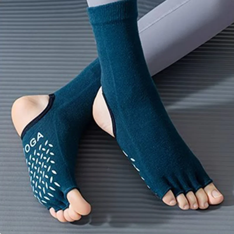Olivenorma Damen-Pilatessocken mit rutschfestem Grip, atmungsaktiver Zehentrennung und stabilem Design für Studiotraining, offene Zehenpartie, Fünf-Zehen-Yogasocken