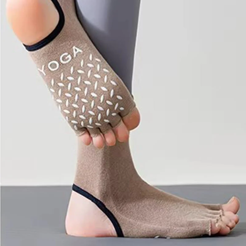 Olivenorma Damen-Pilatessocken mit rutschfestem Grip, atmungsaktiver Zehentrennung und stabilem Design für Studiotraining, offene Zehenpartie, Fünf-Zehen-Yogasocken