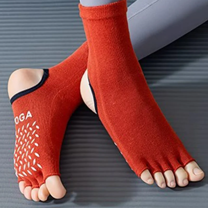Olivenorma Damen-Pilatessocken mit rutschfestem Grip, atmungsaktiver Zehentrennung und stabilem Design für Studiotraining, offene Zehenpartie, Fünf-Zehen-Yogasocken