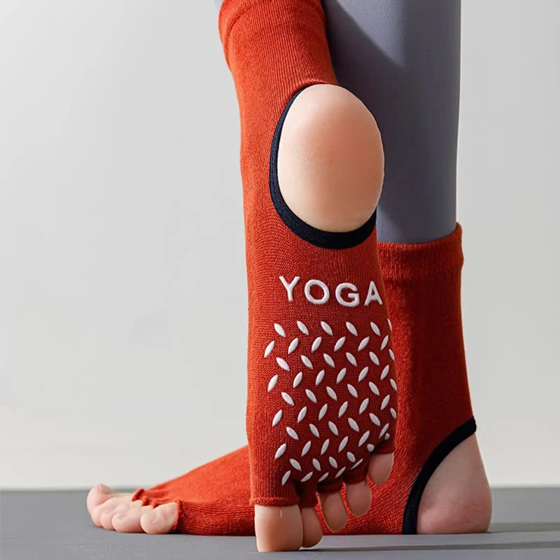 Olivenorma Damen-Pilatessocken mit rutschfestem Grip, atmungsaktiver Zehentrennung und stabilem Design für Studiotraining, offene Zehenpartie, Fünf-Zehen-Yogasocken