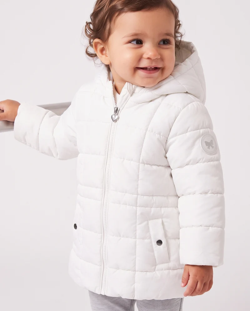 Giaccone lungo con cappuccio e patch - Bianco latte