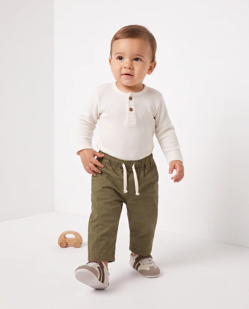 T shirt serafino manica lunga in waffle - Bianco latte