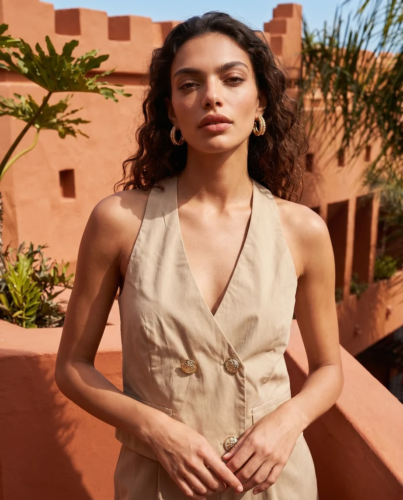 Top crop donna con tasche e bottoni - Beige corda