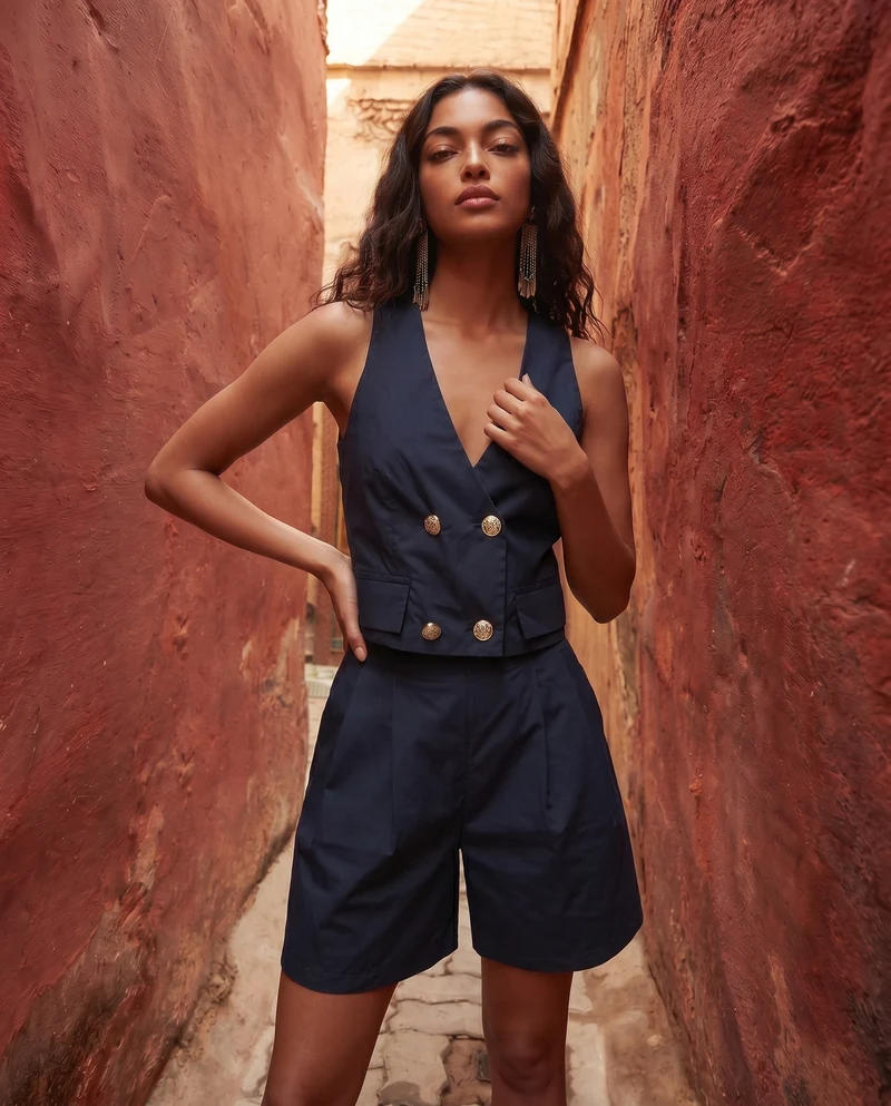 Shorts donna vita alta con bottoni - Blu