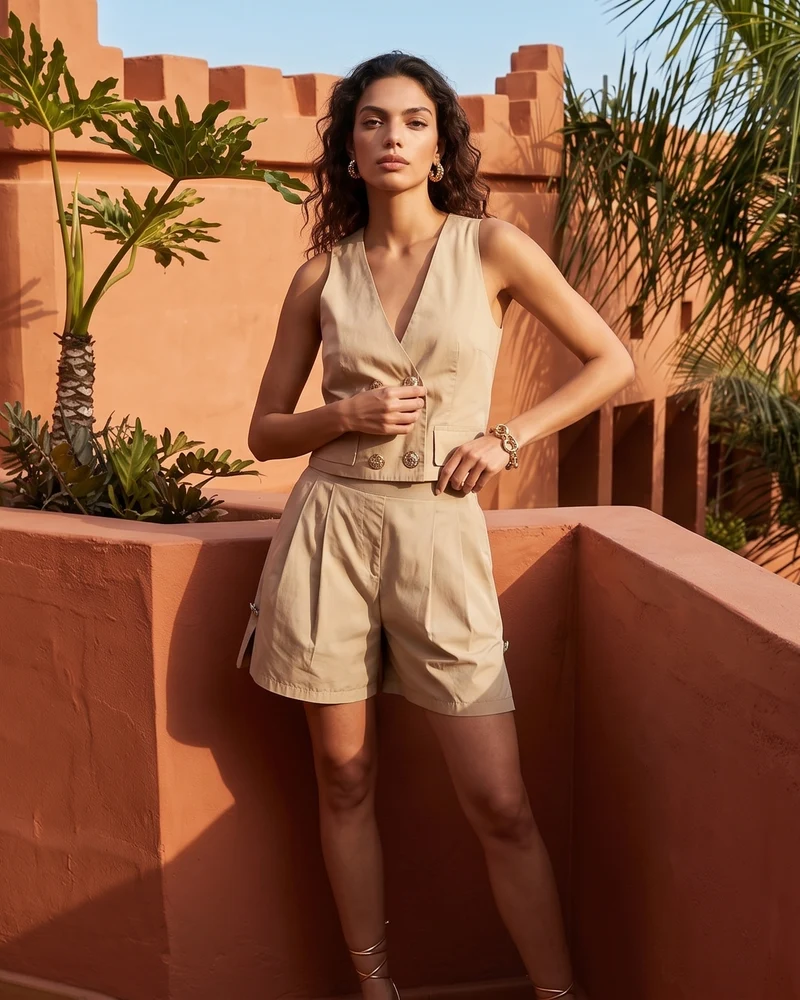 Shorts donna vita alta con bottoni - Beige corda