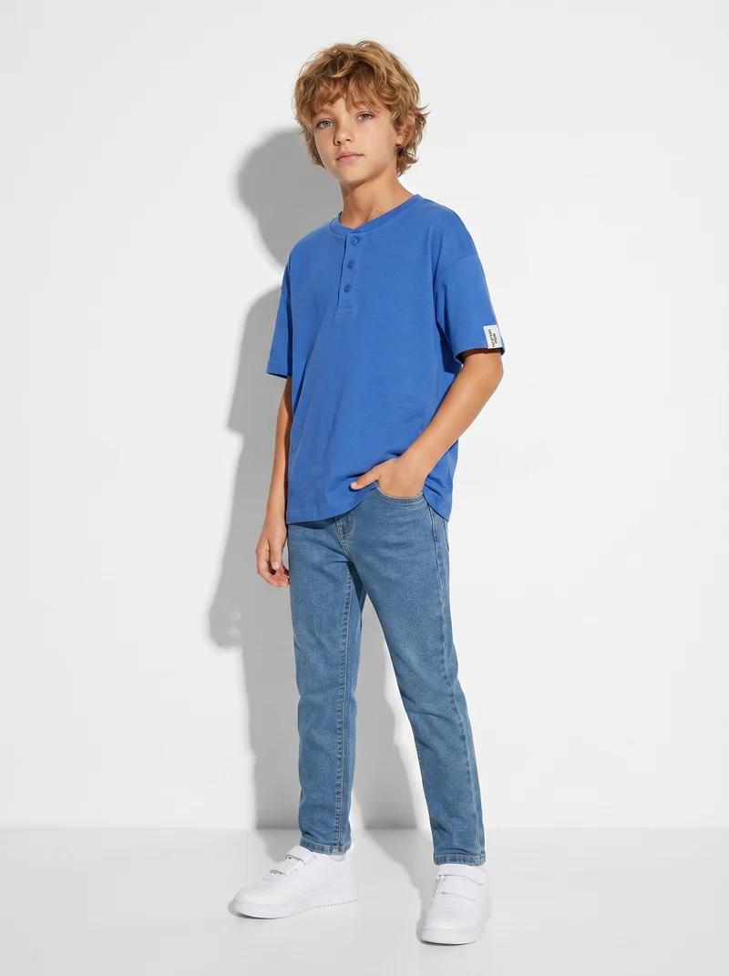 T-shirt Serafino in cotone mezza manica - Azzurro cielo