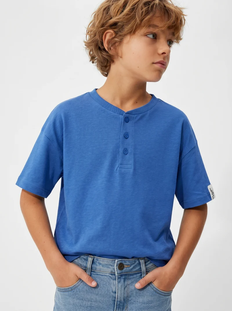 T-shirt Serafino in cotone mezza manica - Azzurro cielo