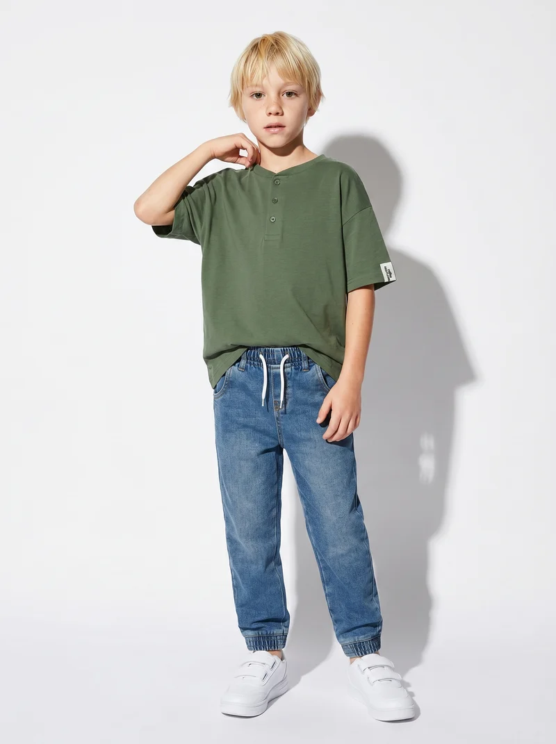 T-shirt Serafino in cotone mezza manica - Verde salvia