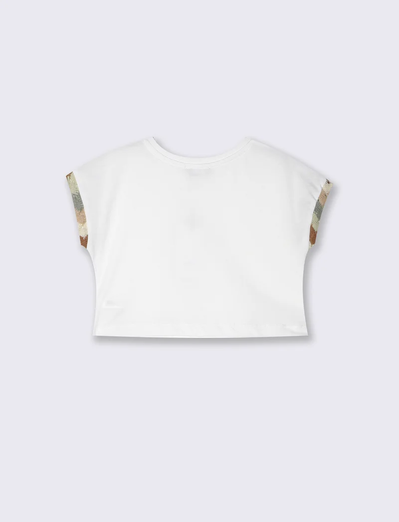 T-shirt cropped con stampa ed inseri a contrasto. - Bianco