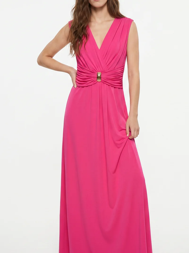 Abito lungo con spalline e arricciatura - Fuxia
