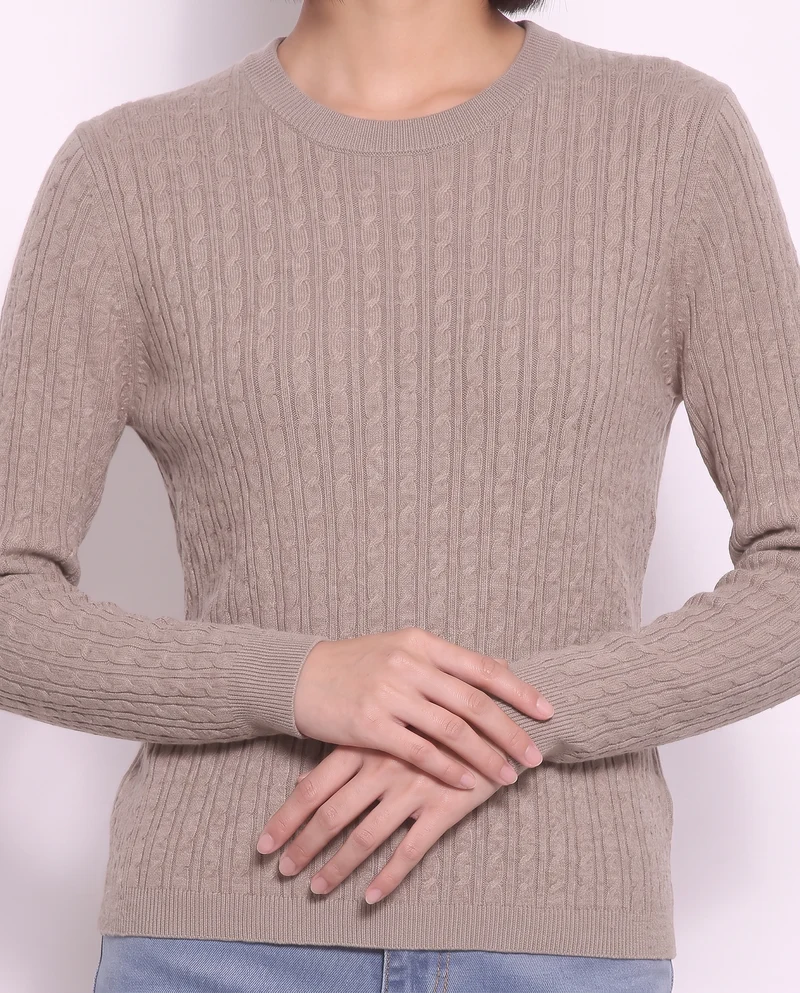 Pullover a trecce manica lunga girocollo - Beige grano