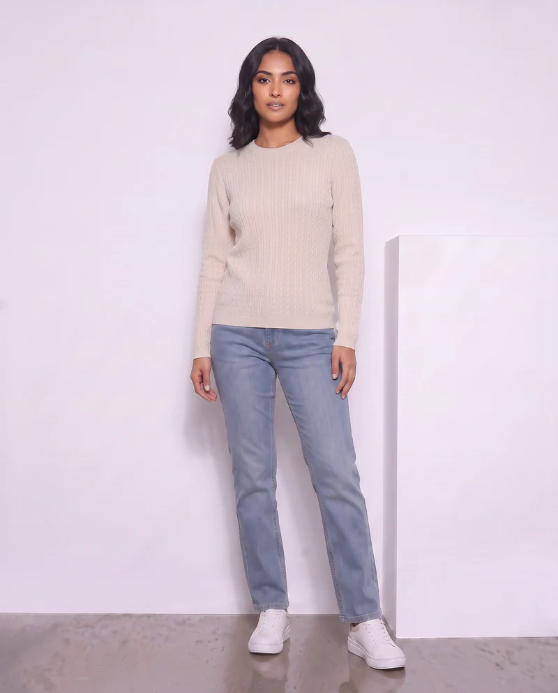 Pullover a trecce manica lunga girocollo - Avorio