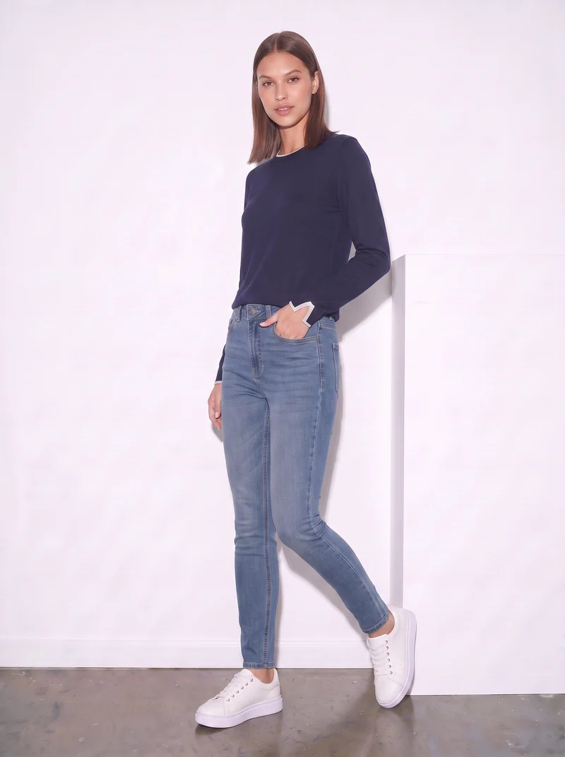 Pullover girocollo con contrasto regolare - Blu