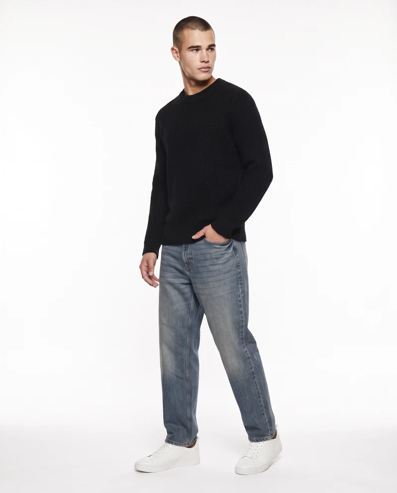 Maglia girocollo jacquard in ciniglia - Nero