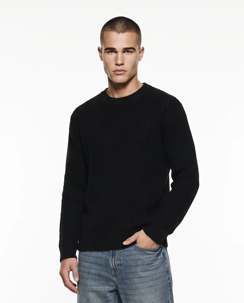 Maglia girocollo jacquard in ciniglia - Nero