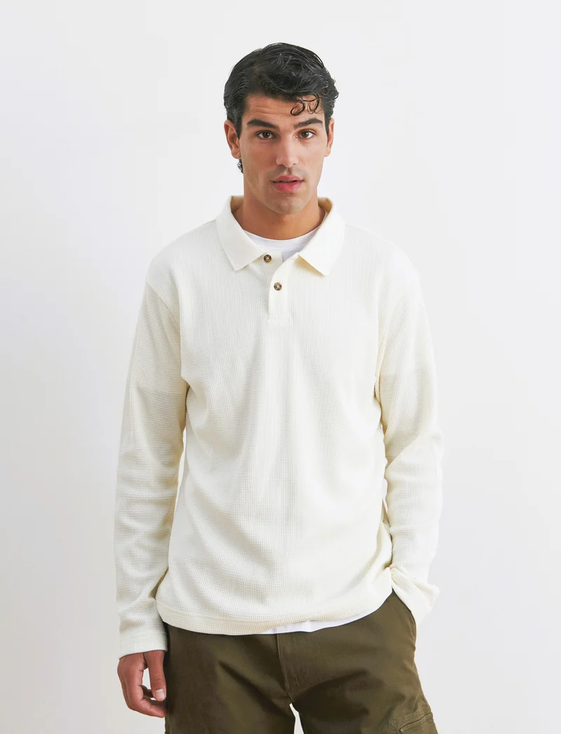 POLO WAFFLE JACQUARD MANICHE LUNGHE - Bianco