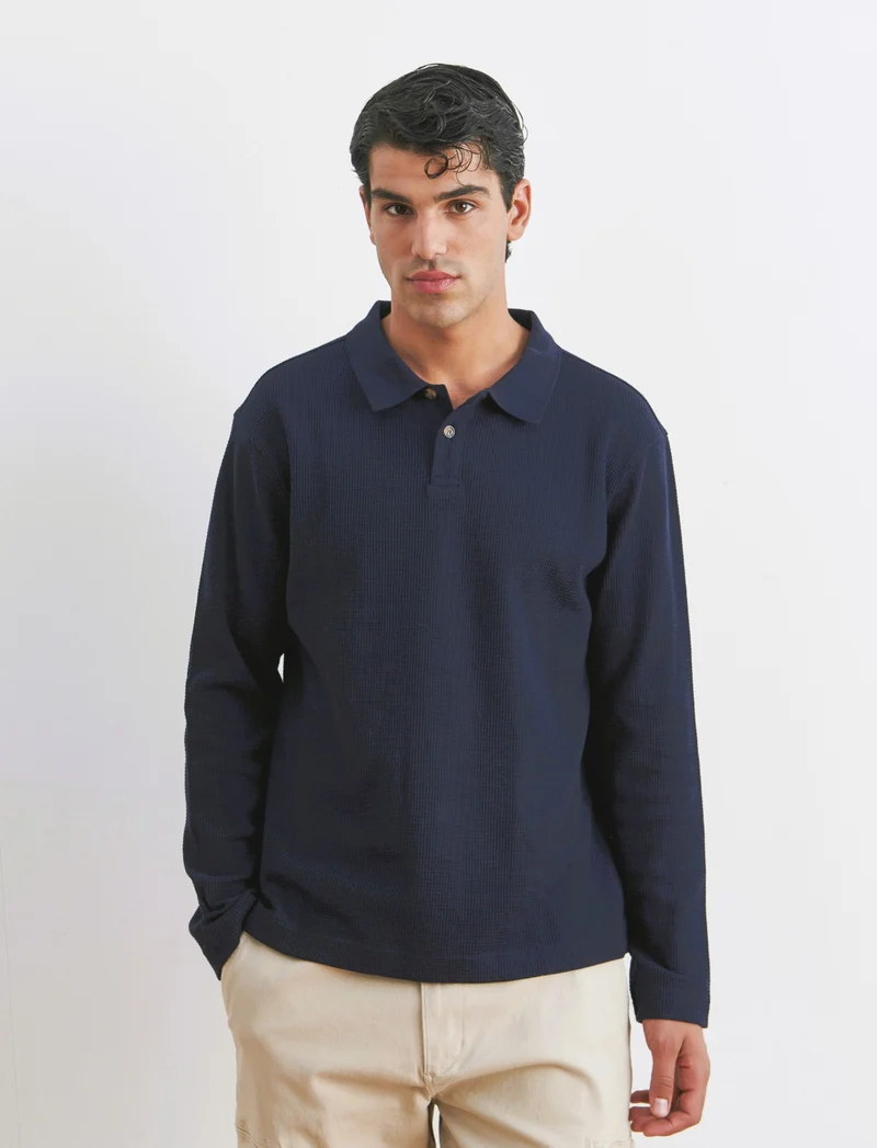POLO WAFFLE JACQUARD MANICHE LUNGHE - Blu