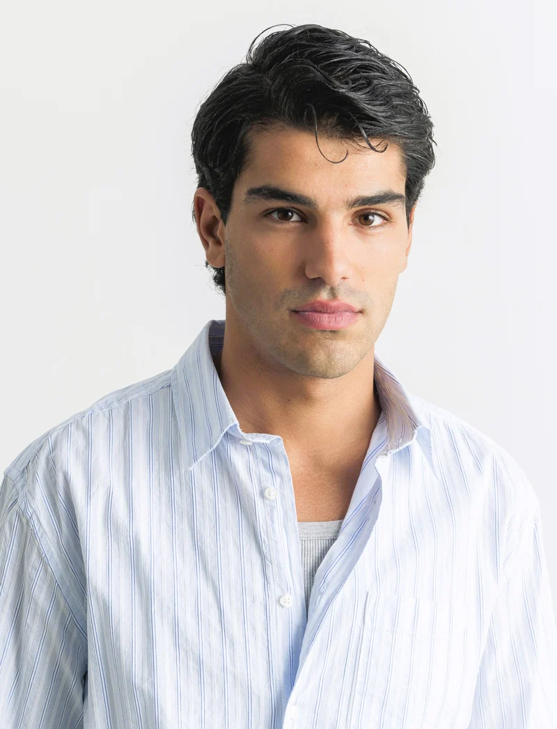 CAMICIA FANTASIA A RIGHE - Celeste
