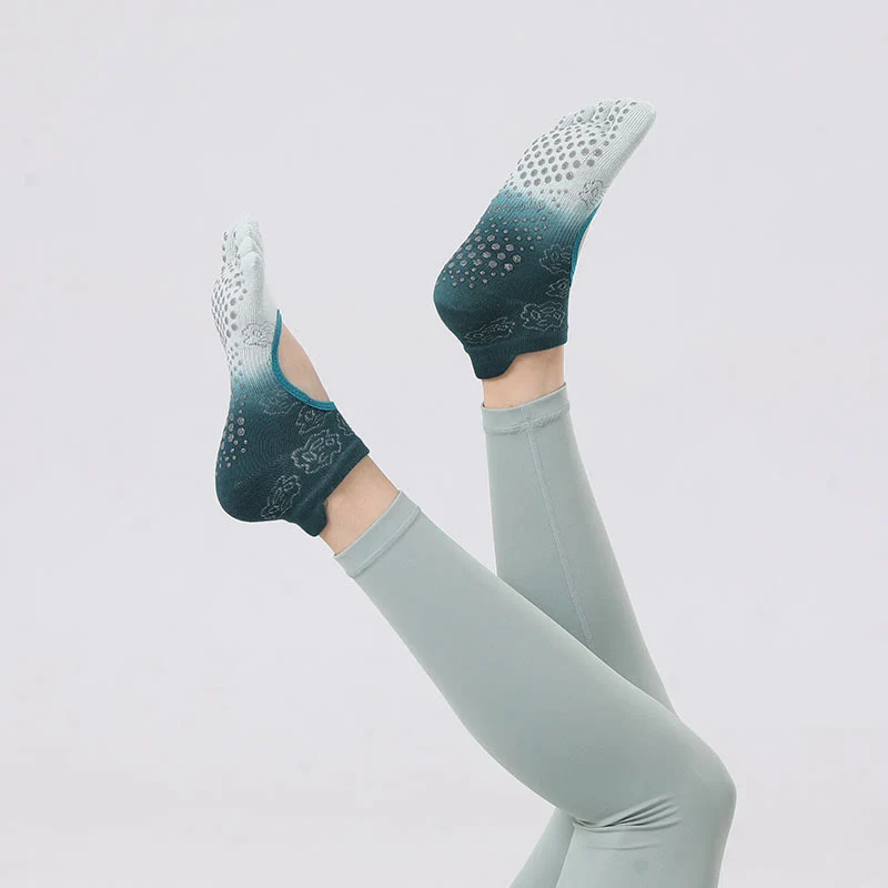 Olivenorma rutschfeste Pilates- und Barre-Tanzsocken mit atmungsaktivem, offenem Fersendesign und Farbverlauf, fünfzehenfreie Yoga-Socken