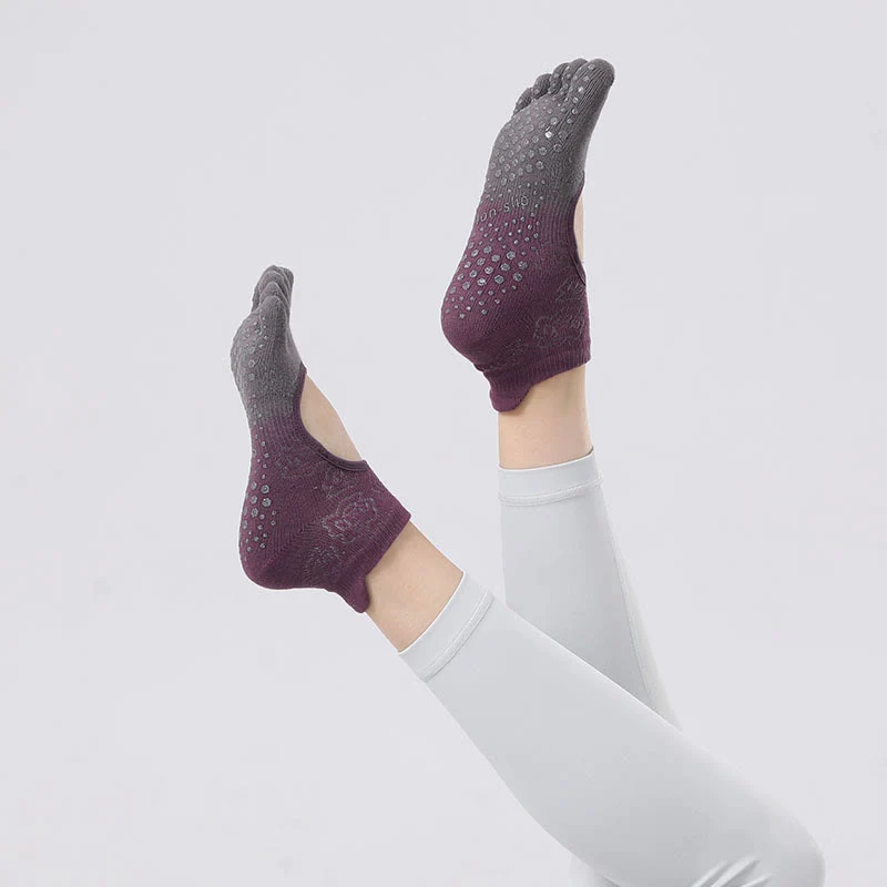 Olivenorma rutschfeste Pilates- und Barre-Tanzsocken mit atmungsaktivem, offenem Fersendesign und Farbverlauf, fünfzehenfreie Yoga-Socken