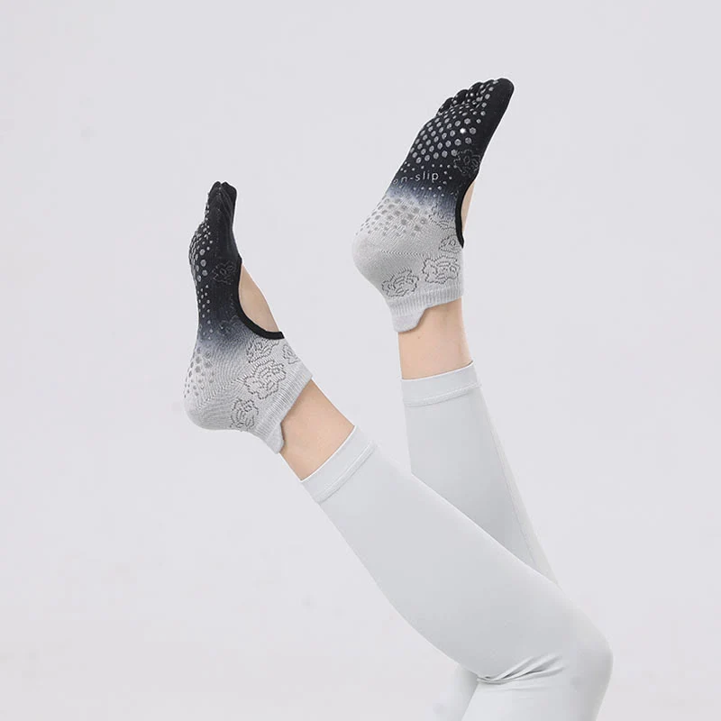 Olivenorma rutschfeste Pilates- und Barre-Tanzsocken mit atmungsaktivem, offenem Fersendesign und Farbverlauf, fünfzehenfreie Yoga-Socken