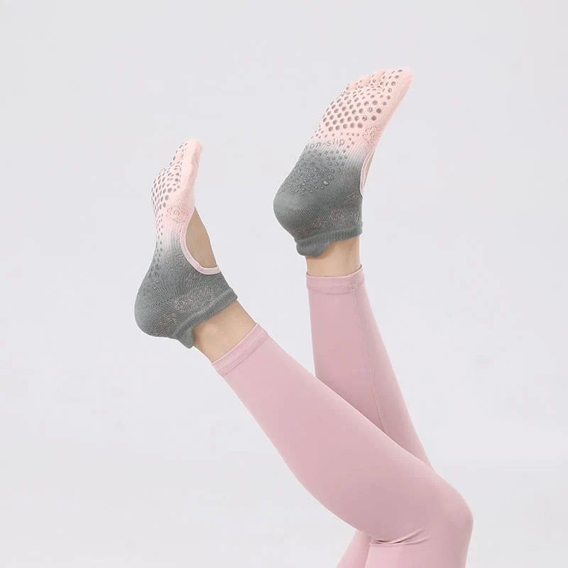 Olivenorma rutschfeste Pilates- und Barre-Tanzsocken mit atmungsaktivem, offenem Fersendesign und Farbverlauf, fünfzehenfreie Yoga-Socken