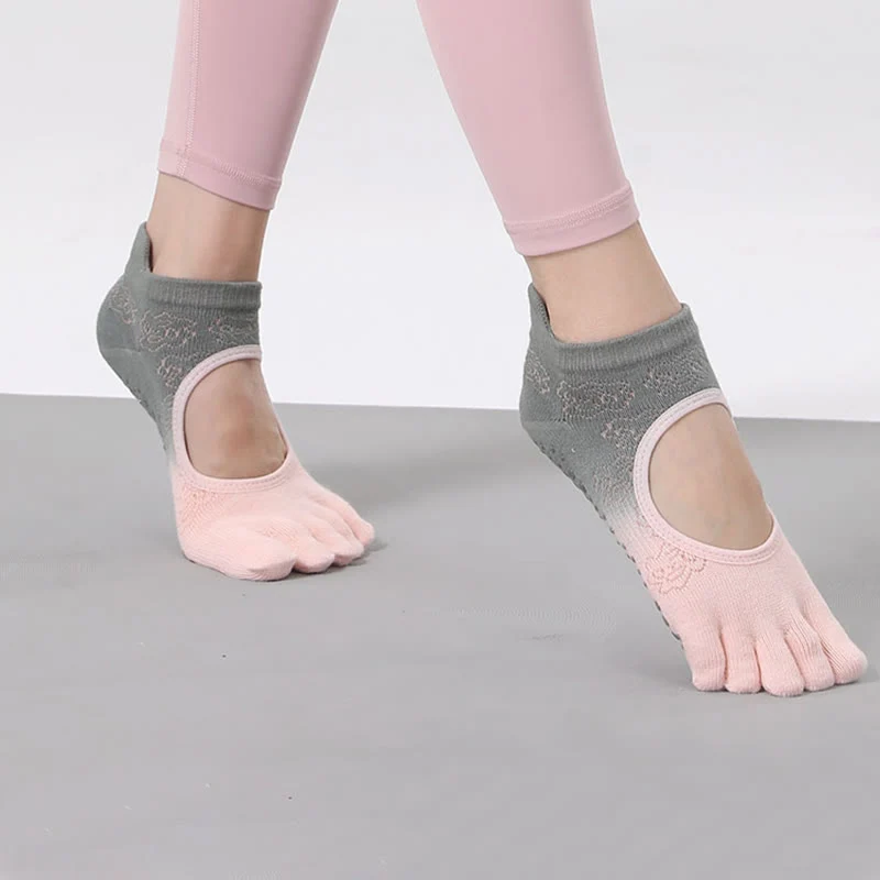 Olivenorma rutschfeste Pilates- und Barre-Tanzsocken mit atmungsaktivem, offenem Fersendesign und Farbverlauf, fünfzehenfreie Yoga-Socken