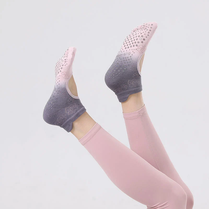 Olivenorma rutschfeste Pilates- und Barre-Tanzsocken mit atmungsaktivem, offenem Fersendesign und Farbverlauf, fünfzehenfreie Yoga-Socken