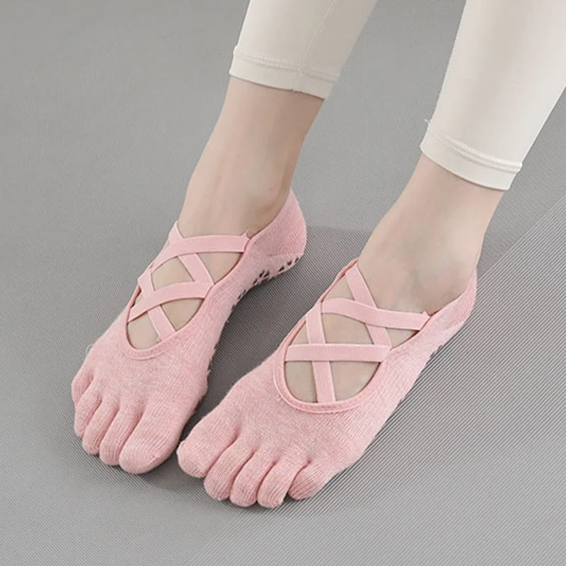 Olivenorma Rutschfeste Zehentrennungs-Pilates-Barre-Fitnesssocken mit sicherem Kreuzriemen-Stützsystem und Fünf-Zehen-Riemen