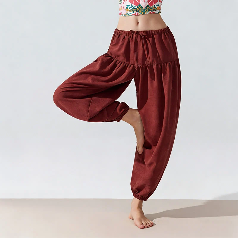 Olivenorma Yogahose in Unifarben, lockere Passform, Kordelzug