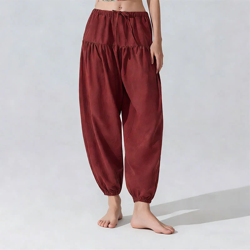 Olivenorma Yogahose in Unifarben, lockere Passform, Kordelzug