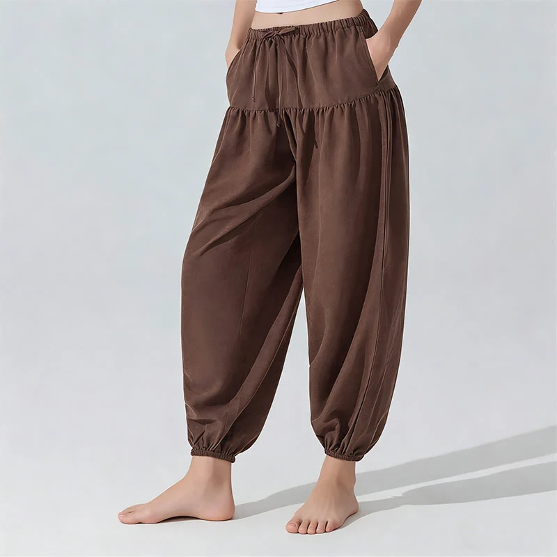 Olivenorma Yogahose in Unifarben, lockere Passform, Kordelzug