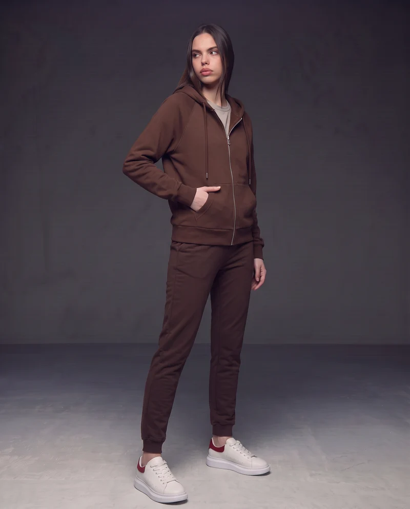 Felpa con cappuccio e zip ampia - Marrone cioccolato
