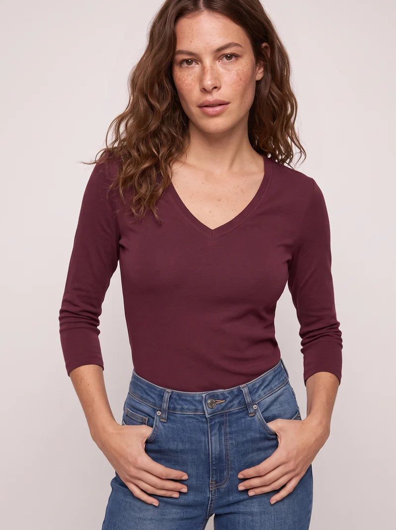 T-shirt a costine con scollo a V - Viola prugna