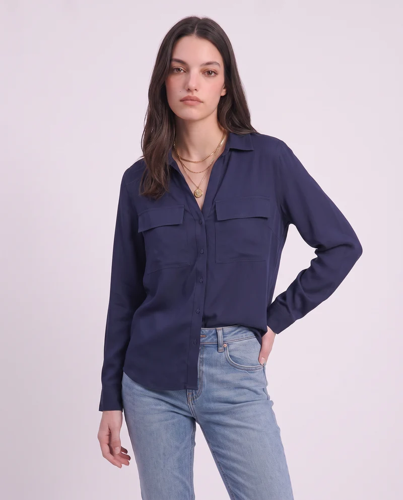 Camicia manica lunga con tasche frontali - Blu