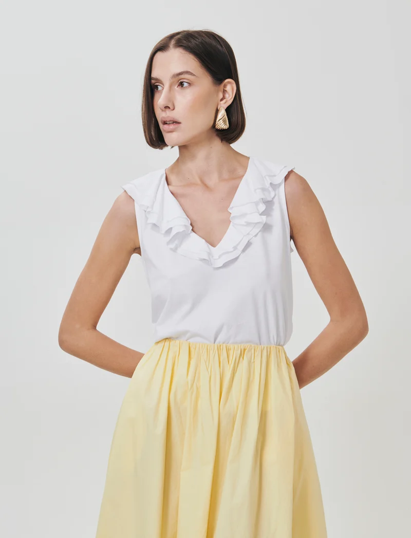 T-shirt in cotone con rouche V - Bianco