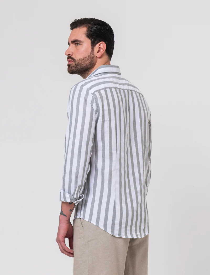 Camicia a righe misto lino da uomo - Verde salvia