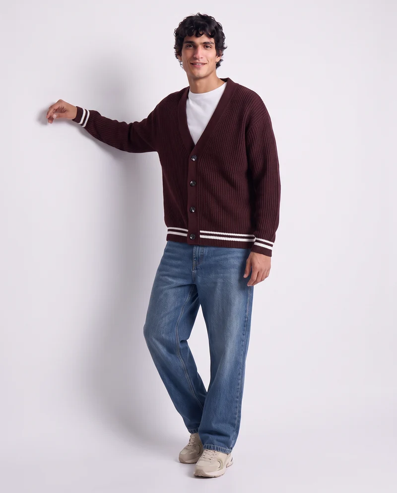 Maglia Cardigan con Bottoni e Contrasto - Bordeaux